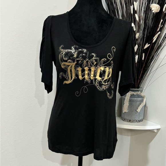 Juicy Couture Inspired Tops - Black & Gold Juicy Style Graphic Tee – Trendy Y2K Streetwear, Medium